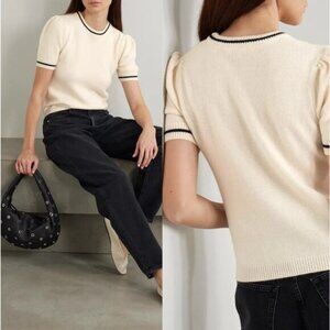 NEW FRAME Short Sleeves Gathered Striped Cashmere Sweater Cream Size: Small